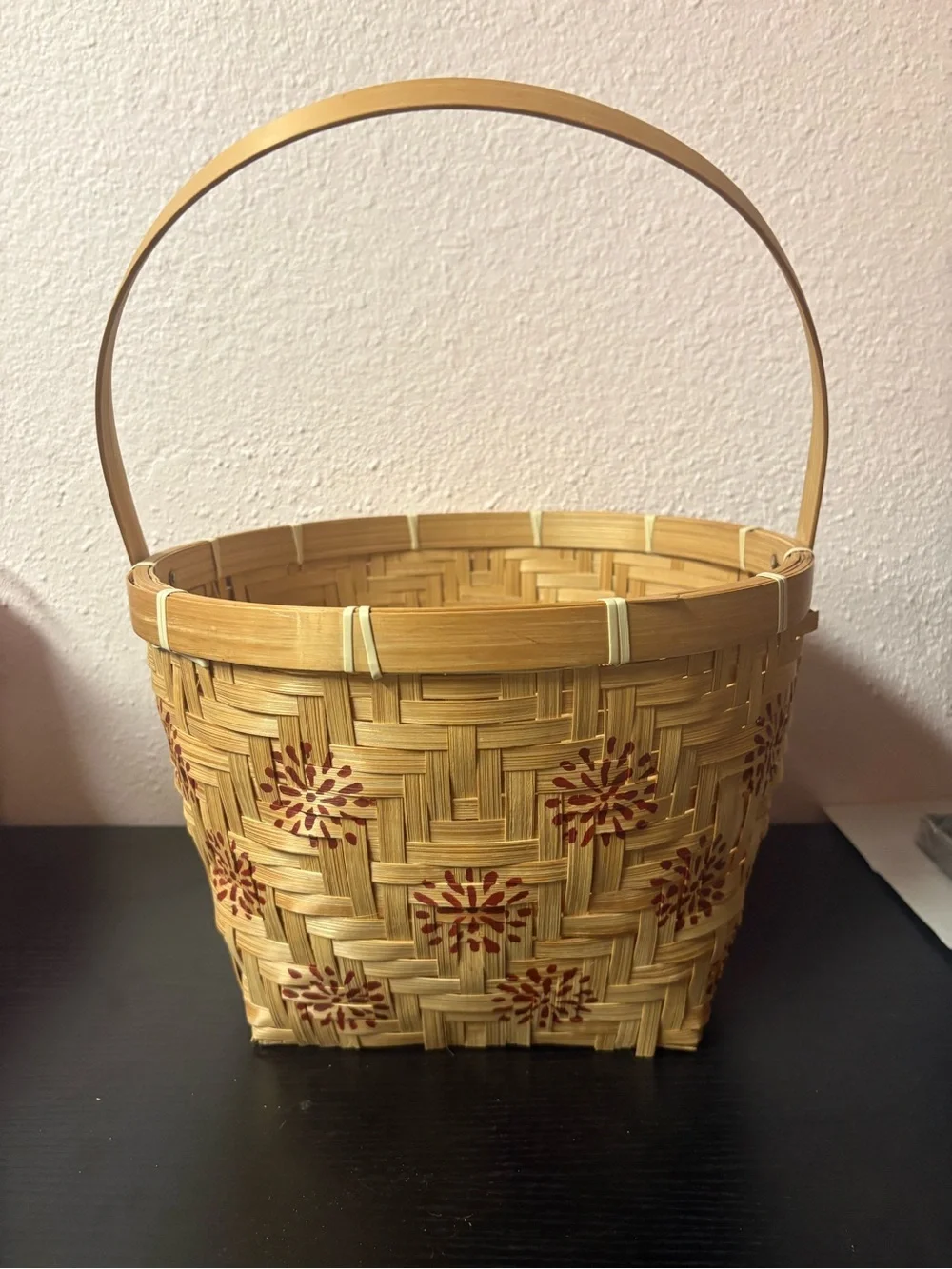 Woven Bamboo Basket Red Floral Handle Cottagecore Farmhouse Decor
